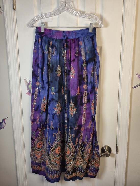 Bohemian Tie Dye Rayon Maxi Skirt with Gold Accents & Sequins - O/S - Picture 5 of 6